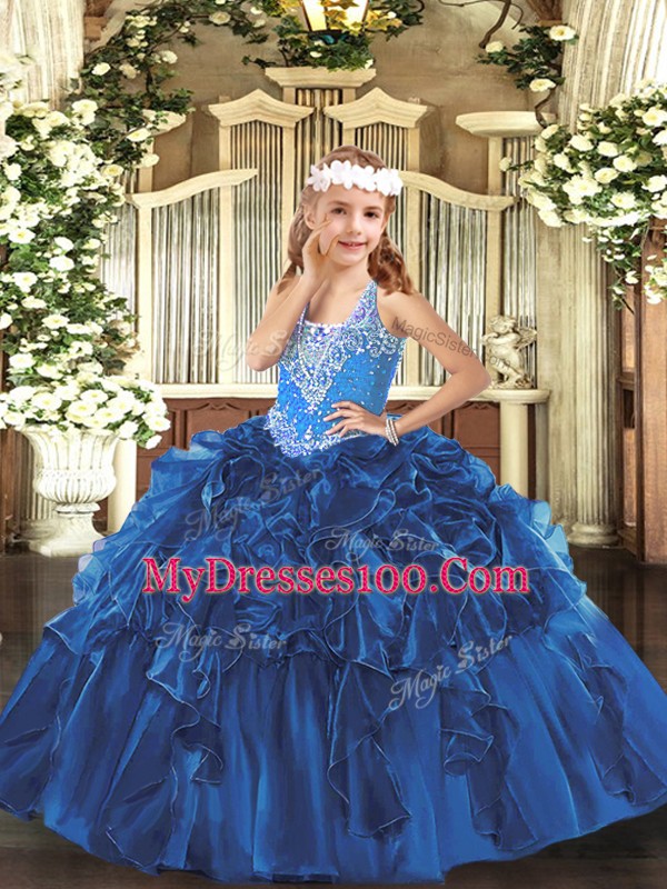 Lovely Blue V-neck Lace Up Beading and Ruffles Little Girls Pageant Dress Wholesale Sleeveless