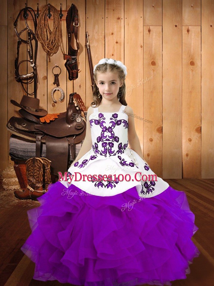 High End Floor Length Lace Up Little Girls Pageant Dress Eggplant Purple for Party and Quinceanera and Wedding Party with Embroidery and Ruffles