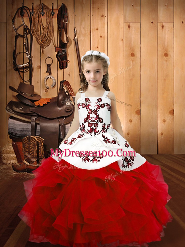 Straps Sleeveless Little Girls Pageant Gowns Floor Length Embroidery and Ruffles Red Organza