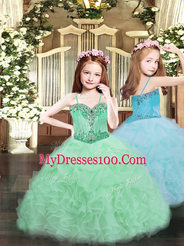 New Style Apple Green Sleeveless Floor Length Beading and Ruffles and Pick Ups Lace Up Child Pageant Dress