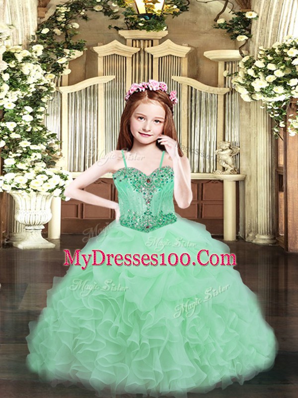 New Style Apple Green Sleeveless Floor Length Beading and Ruffles and Pick Ups Lace Up Child Pageant Dress