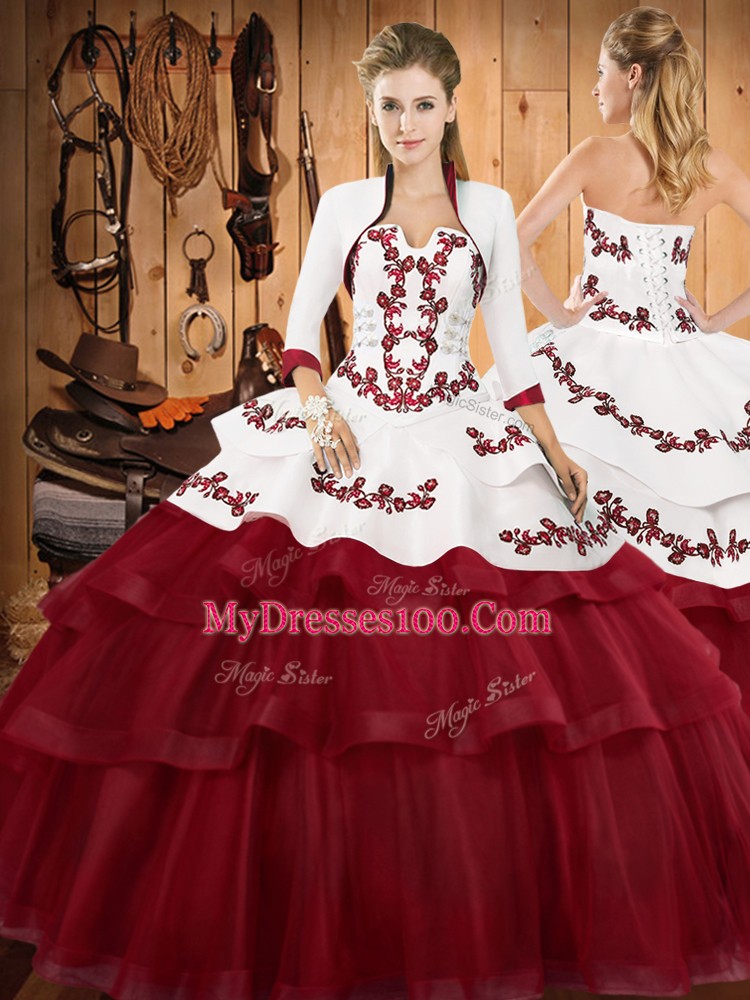 Burgundy Lace Up Quince Ball Gowns Embroidery and Ruffled Layers Sleeveless Sweep Train