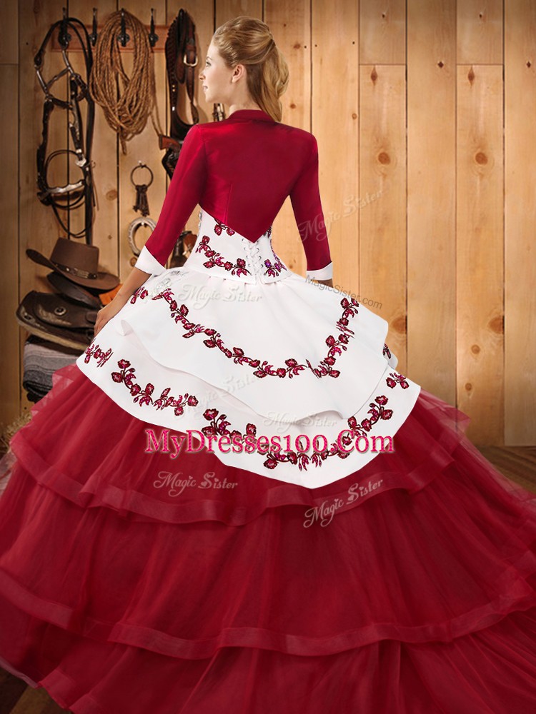 Burgundy Lace Up Quince Ball Gowns Embroidery and Ruffled Layers Sleeveless Sweep Train