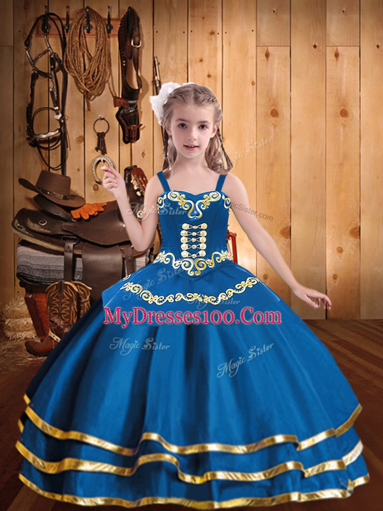 Beauteous Straps Sleeveless Little Girl Pageant Dress Floor Length Embroidery and Ruffled Layers Blue Organza