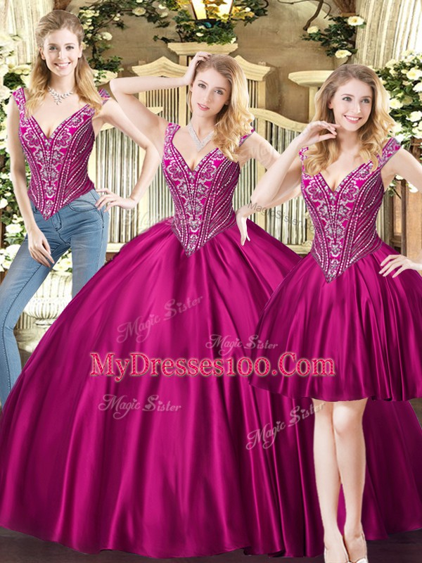 Fuchsia Tulle Lace Up Sweet 16 Dresses Sleeveless Floor Length Beading