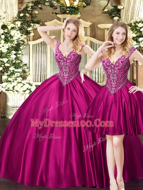 Fuchsia Tulle Lace Up Sweet 16 Dresses Sleeveless Floor Length Beading