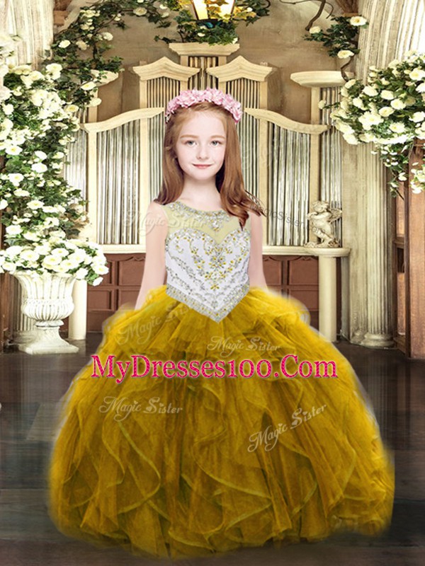Custom Fit Organza Sleeveless Floor Length Little Girls Pageant Gowns and Beading and Ruffles