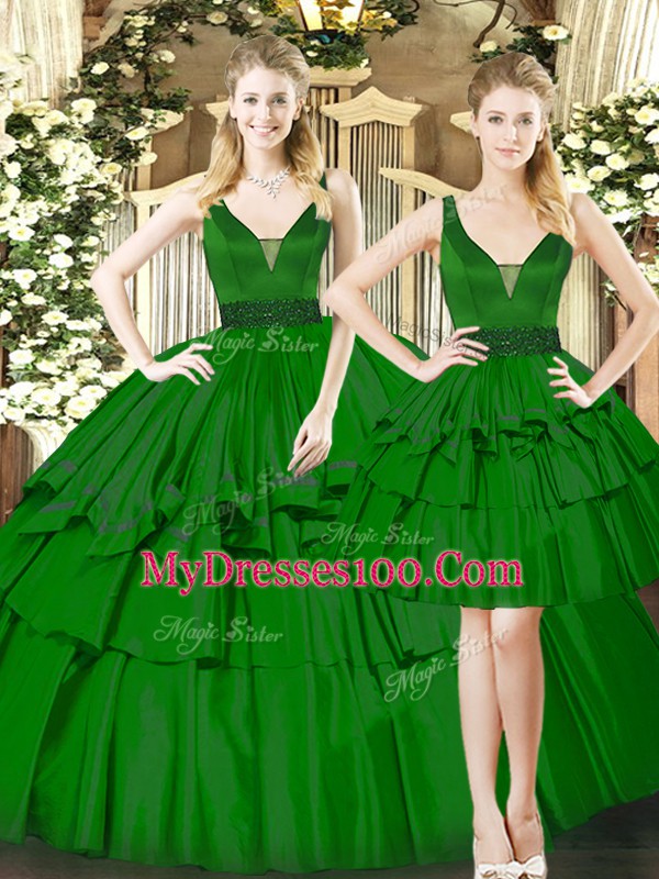 Trendy Dark Green Straps Neckline Beading and Ruching 15th Birthday Dress Sleeveless Lace Up
