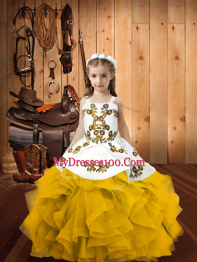 Embroidery and Ruffles Little Girls Pageant Dress Wholesale Gold Lace Up Sleeveless Floor Length