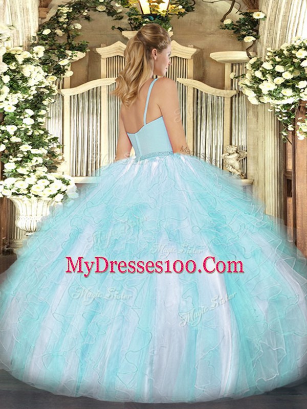 Sleeveless Tulle Floor Length Zipper Ball Gown Prom Dress in Pink with Beading and Ruffles