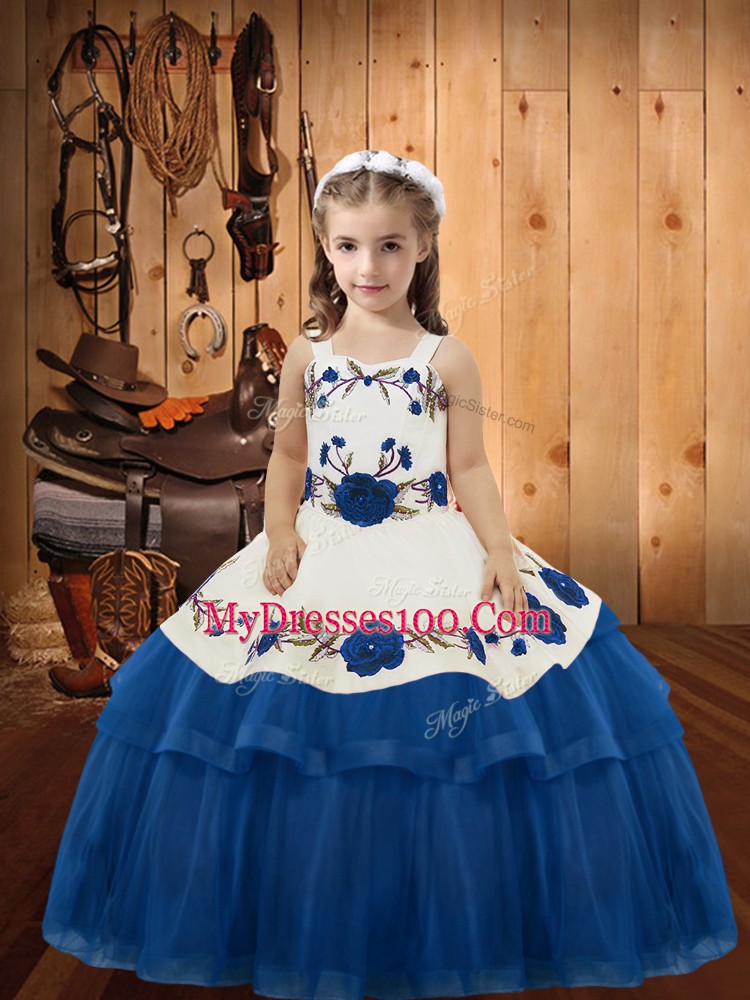 Best Straps Sleeveless Little Girls Pageant Dress Wholesale Floor Length Embroidery and Ruffled Layers Blue Organza