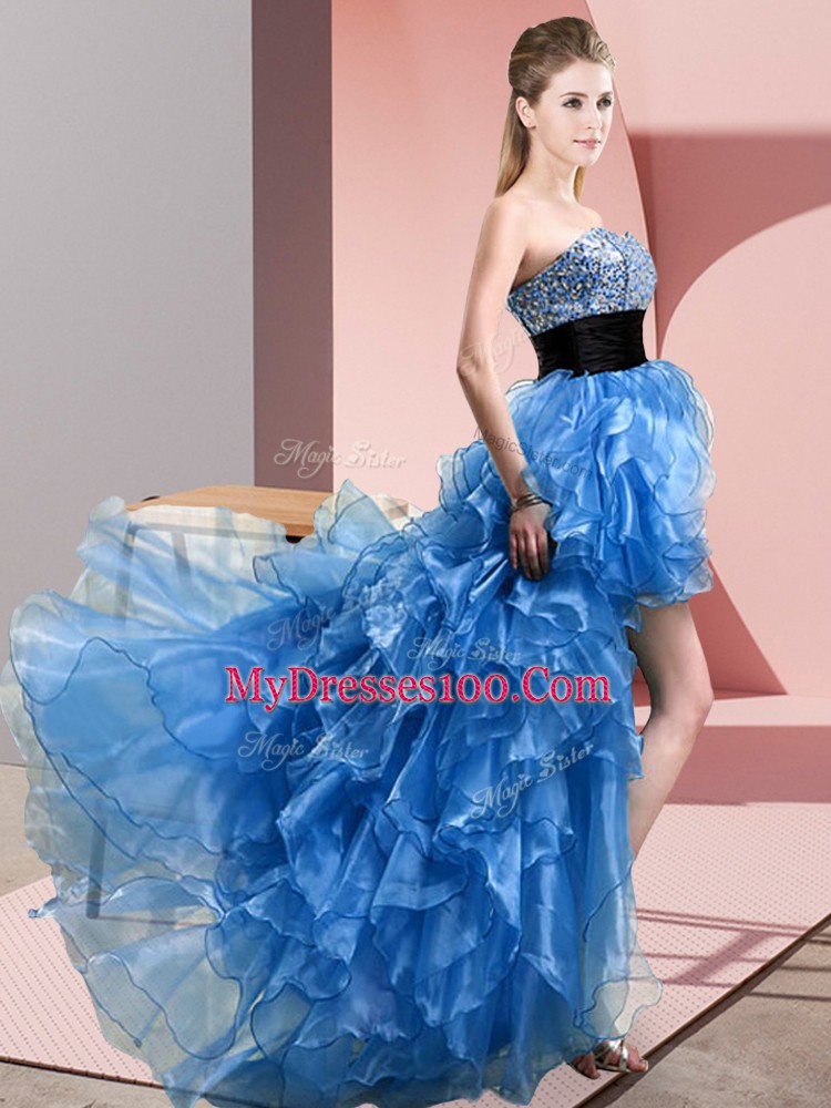 Fashion High Low A-line Sleeveless Baby Blue Prom Dress Lace Up
