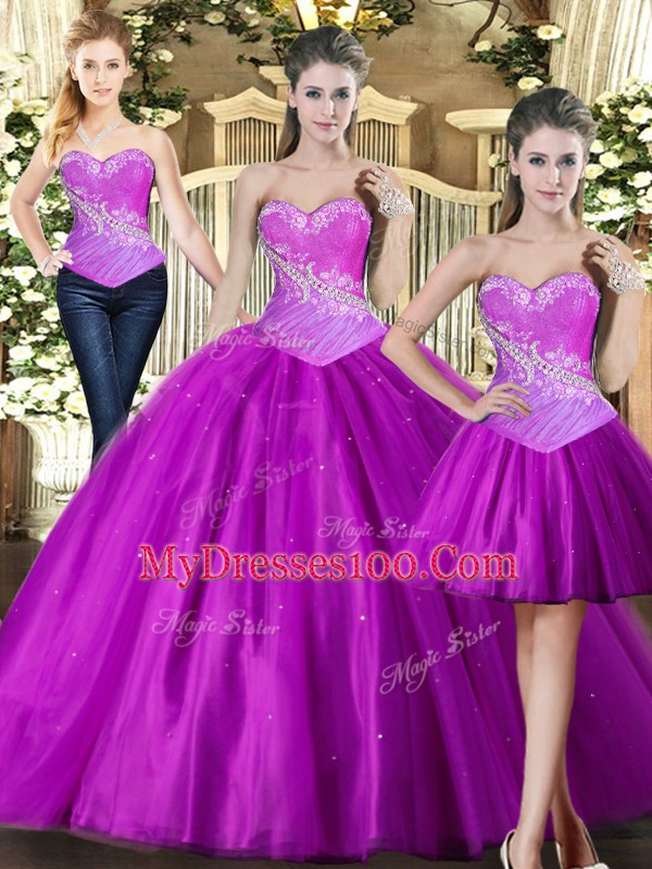 Fuchsia 15 Quinceanera Dress Military Ball and Sweet 16 and Quinceanera with Beading Sweetheart Sleeveless Lace Up