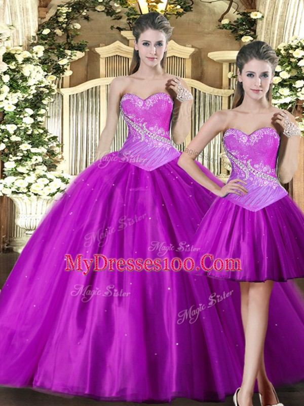 Fuchsia 15 Quinceanera Dress Military Ball and Sweet 16 and Quinceanera with Beading Sweetheart Sleeveless Lace Up