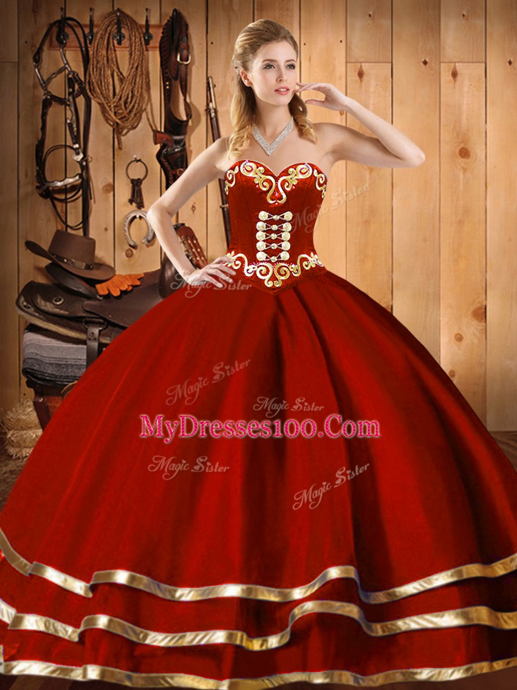Glittering Floor Length Lace Up 15th Birthday Dress Wine Red for Military Ball and Sweet 16 and Quinceanera with Embroidery and Bowknot