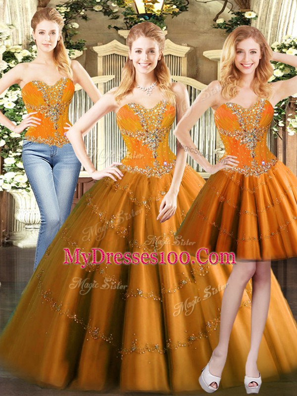 Trendy Ball Gowns Quinceanera Dress Orange Red Sweetheart Tulle Sleeveless Floor Length Lace Up