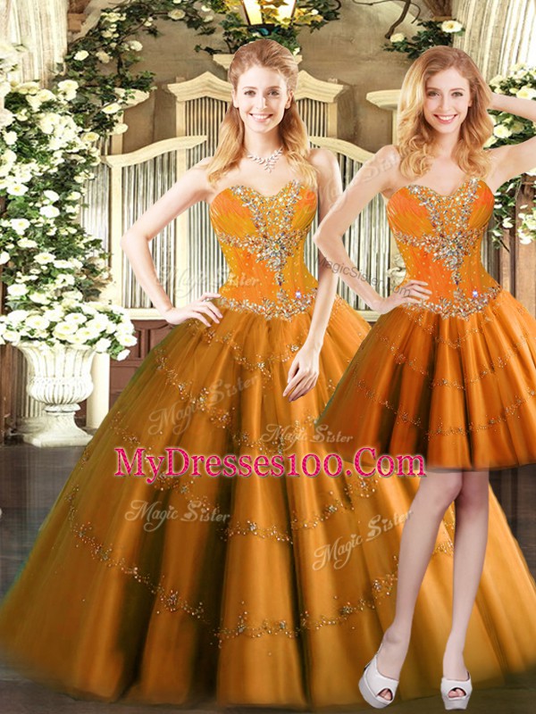 Trendy Ball Gowns Quinceanera Dress Orange Red Sweetheart Tulle Sleeveless Floor Length Lace Up