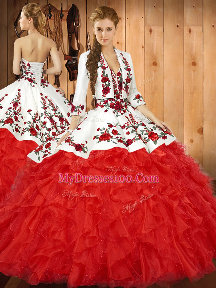 Latest Red Lace Up Quince Ball Gowns Embroidery and Ruffles Sleeveless Floor Length