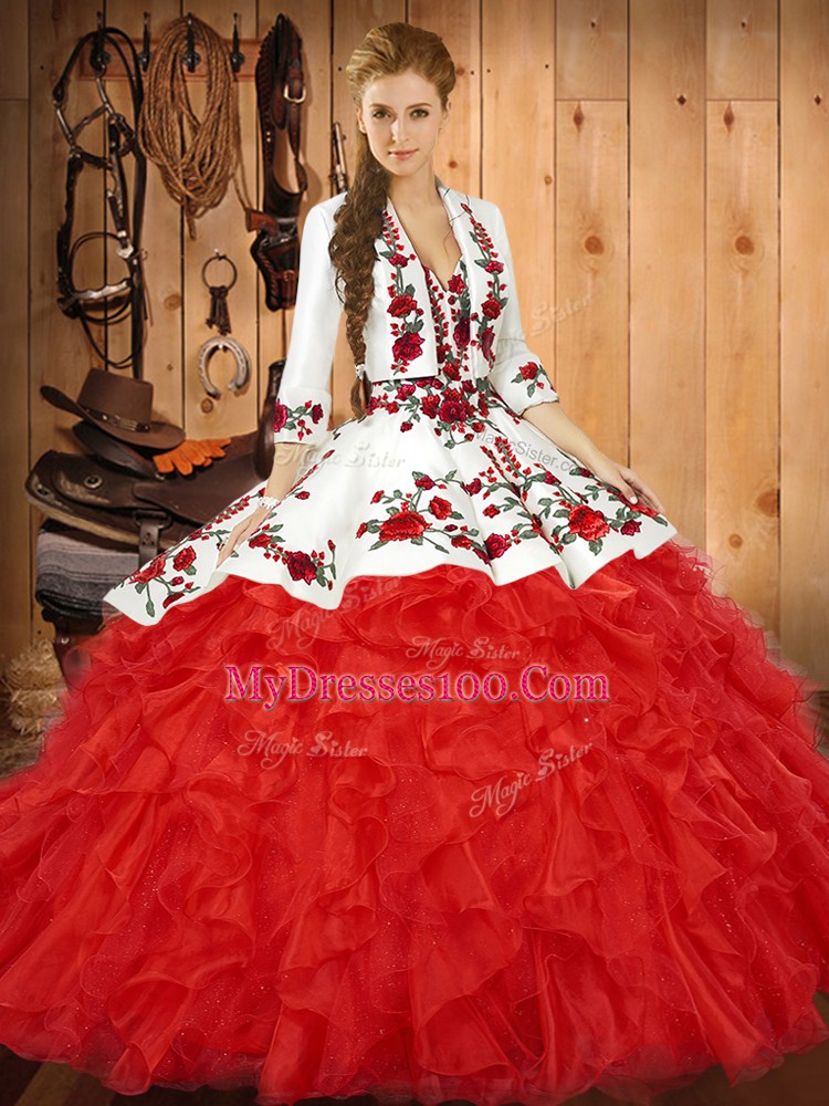 Latest Red Lace Up Quince Ball Gowns Embroidery and Ruffles Sleeveless Floor Length