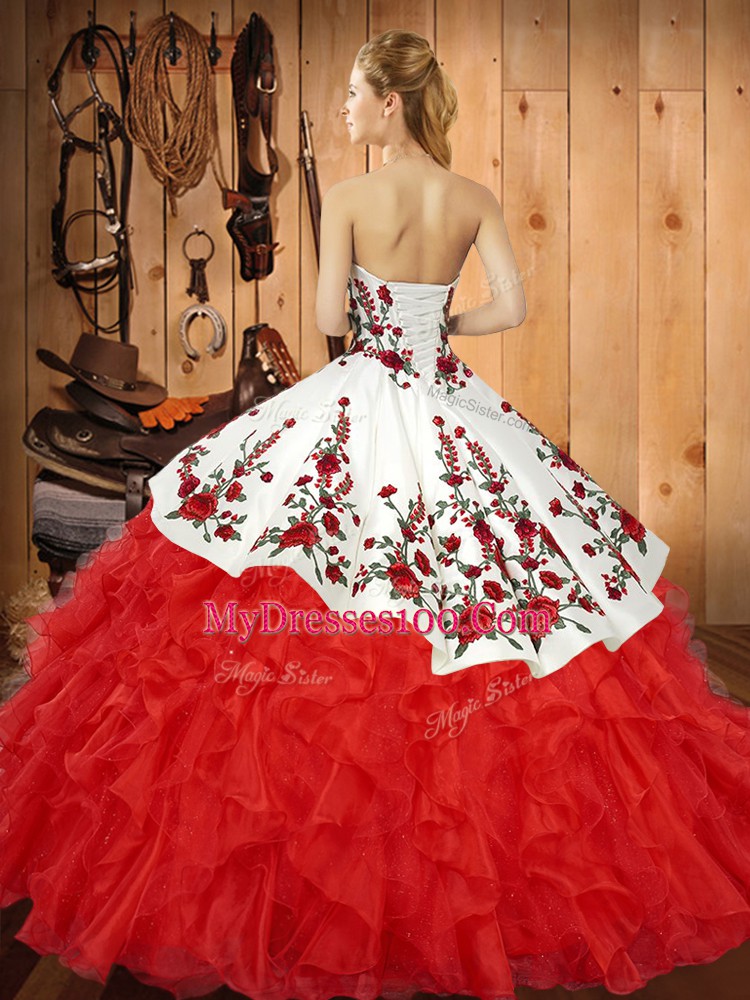 Latest Red Lace Up Quince Ball Gowns Embroidery and Ruffles Sleeveless Floor Length