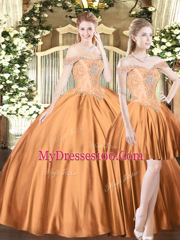 Hot Selling Tulle Off The Shoulder Sleeveless Lace Up Beading Quinceanera Gowns in Brown