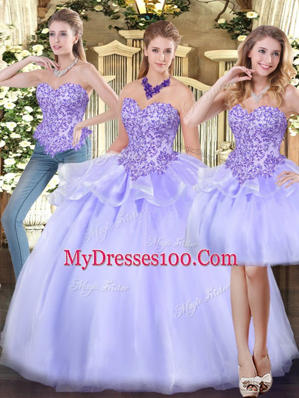Trendy Lavender Sleeveless Floor Length Appliques and Ruffles Zipper Vestidos de Quinceanera