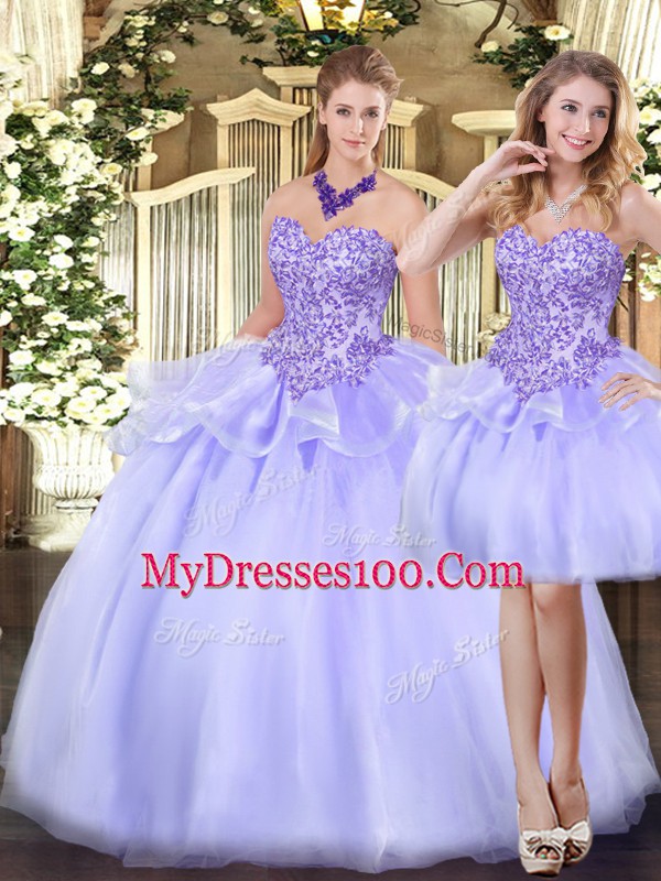 Trendy Lavender Sleeveless Floor Length Appliques and Ruffles Zipper Vestidos de Quinceanera