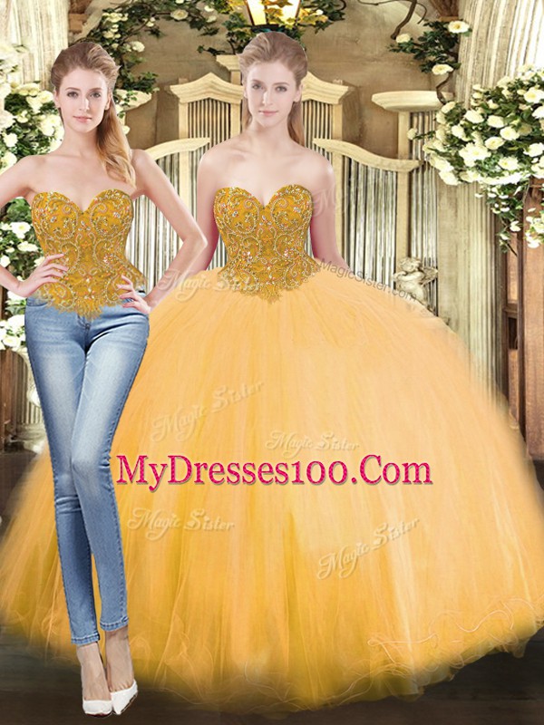 Glorious Tulle Sweetheart Sleeveless Lace Up Beading Quinceanera Gown in Gold
