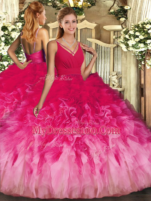 Dynamic Floor Length Multi-color Quinceanera Dress Tulle Sleeveless Ruffles