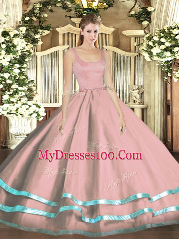 Popular Sleeveless Floor Length Ruffled Layers Zipper Quinceanera Gown with Pink