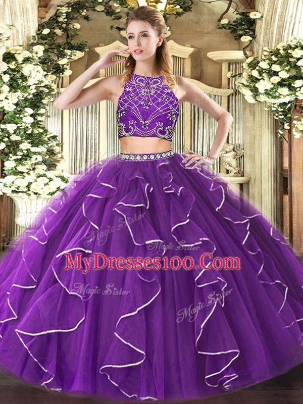Classical Purple Zipper Quinceanera Dresses Beading and Ruffles Sleeveless Floor Length