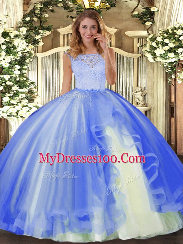 Super Blue Scoop Clasp Handle Lace and Ruffles Sweet 16 Dresses Sleeveless