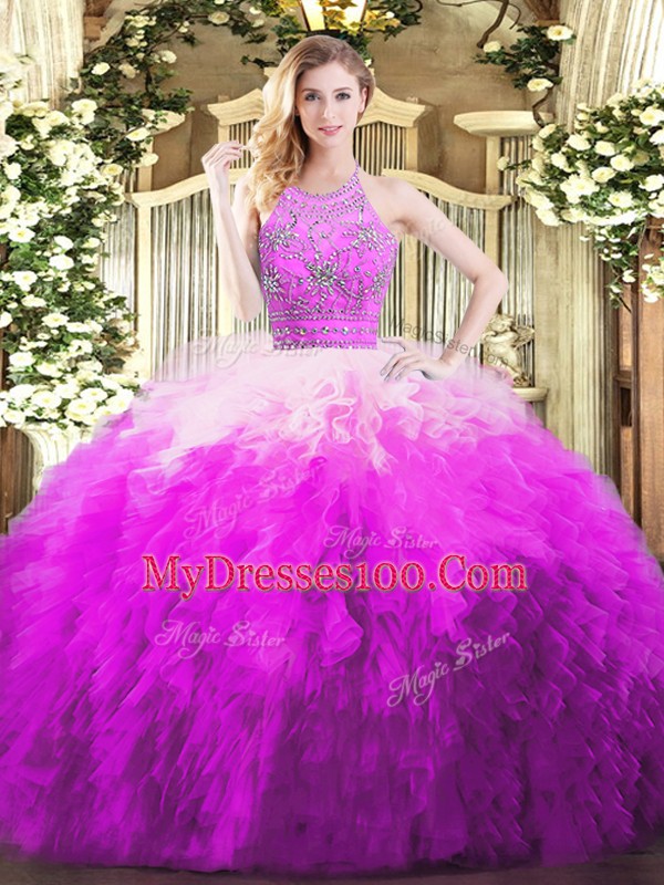 Sleeveless Tulle Floor Length Zipper Quinceanera Dresses in Multi-color with Beading and Ruffles