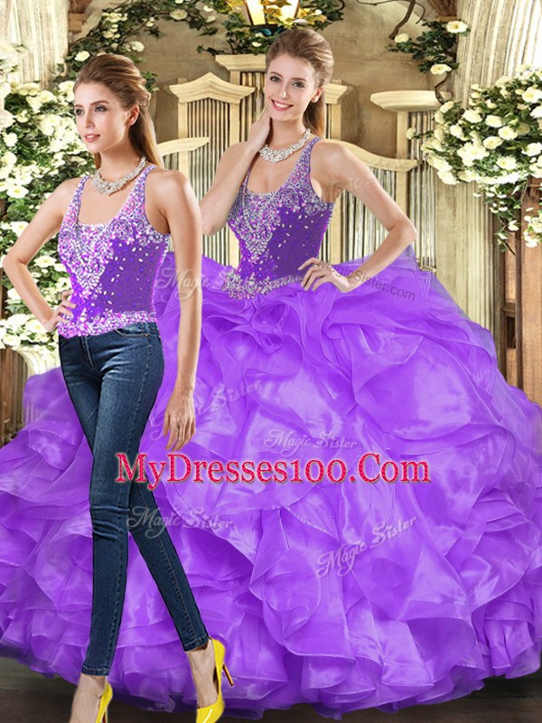 Eggplant Purple and Purple Straps Lace Up Beading and Ruffles Sweet 16 Quinceanera Dress Sleeveless
