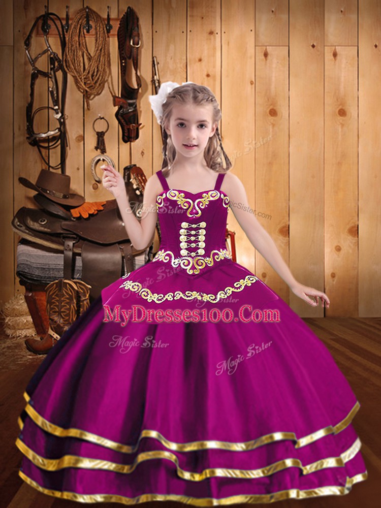 Fuchsia Lace Up Pageant Gowns For Girls Embroidery and Ruffled Layers Sleeveless Floor Length