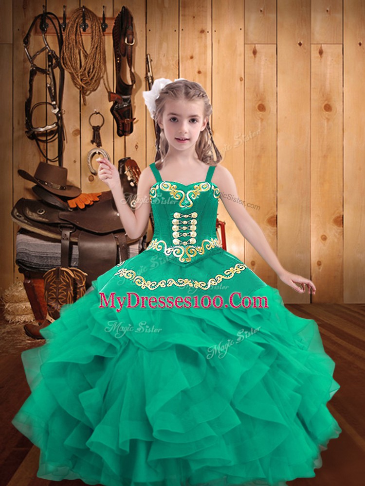 Turquoise Straps Neckline Embroidery and Ruffles Kids Formal Wear Sleeveless Lace Up