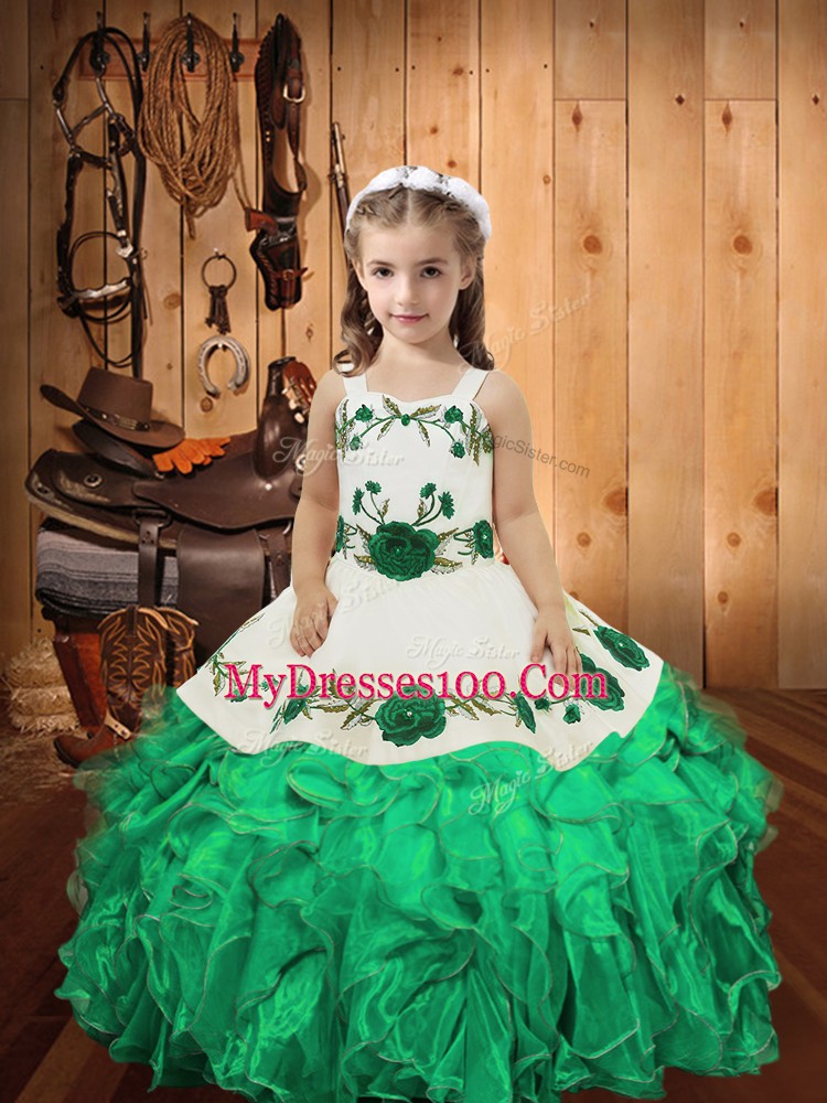 Turquoise Lace Up Straps Embroidery and Ruffles Girls Pageant Dresses Organza Sleeveless