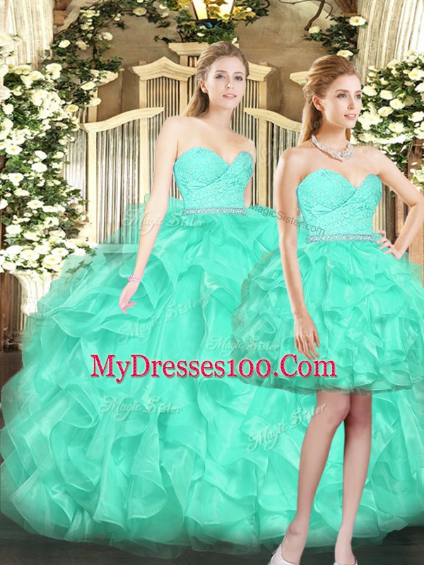 Turquoise Ball Gowns Ruffles Ball Gown Prom Dress Lace Up Tulle Sleeveless Floor Length