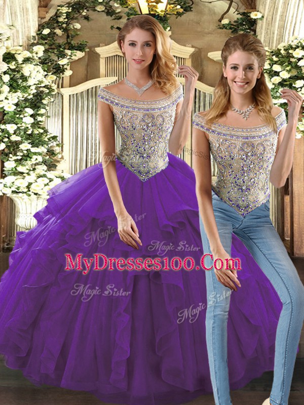Sleeveless Floor Length Beading and Ruffles Lace Up Quinceanera Dresses with Purple
