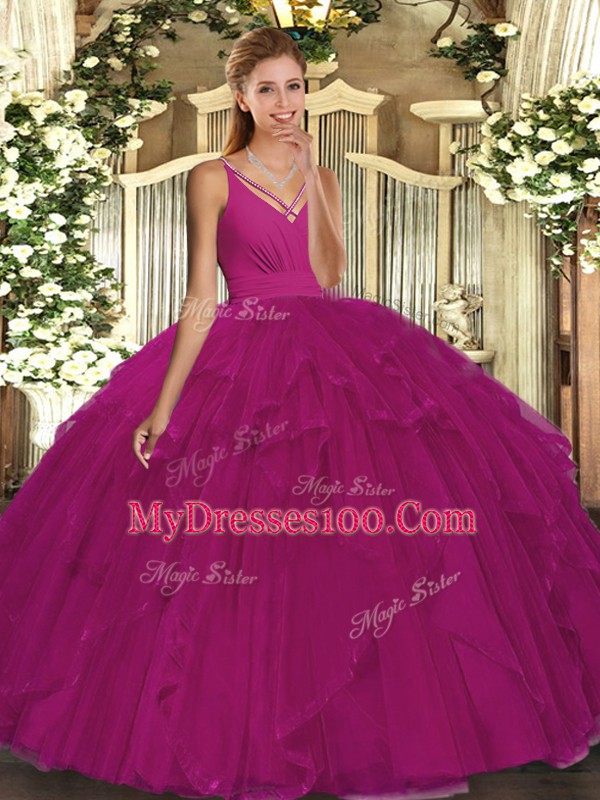 Graceful Fuchsia V-neck Backless Beading and Ruffles Sweet 16 Dress Sleeveless