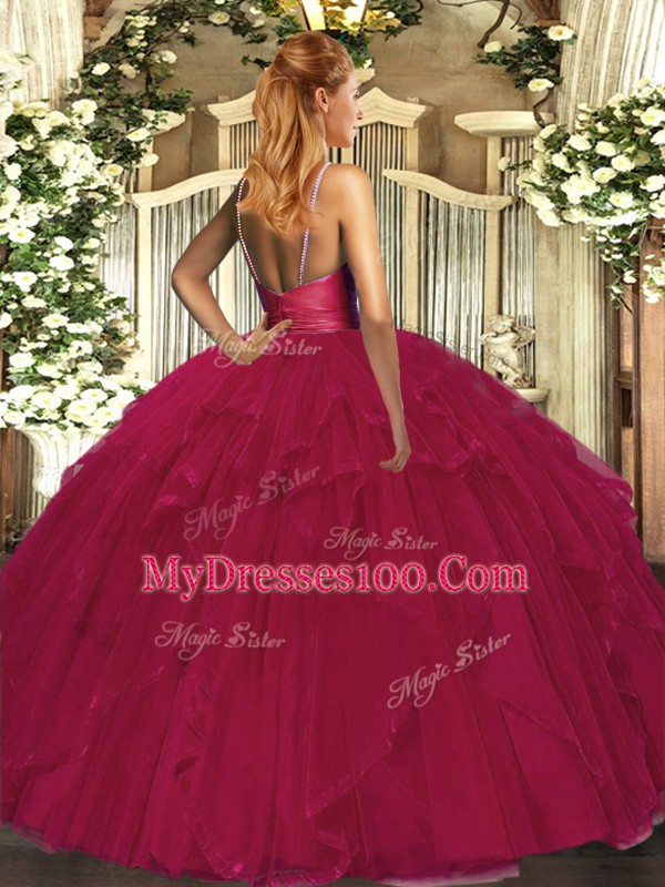 Graceful Fuchsia V-neck Backless Beading and Ruffles Sweet 16 Dress Sleeveless