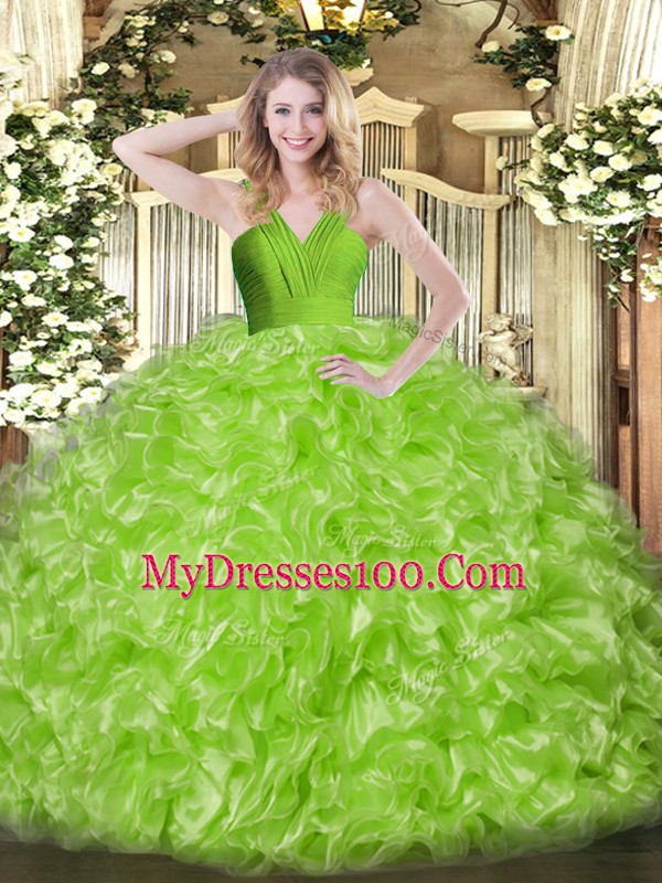 Floor Length Quince Ball Gowns V-neck Sleeveless Zipper