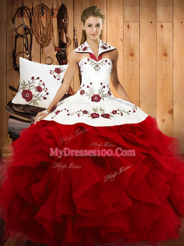 Popular Halter Top Sleeveless Lace Up 15th Birthday Dress Wine Red Satin and Organza