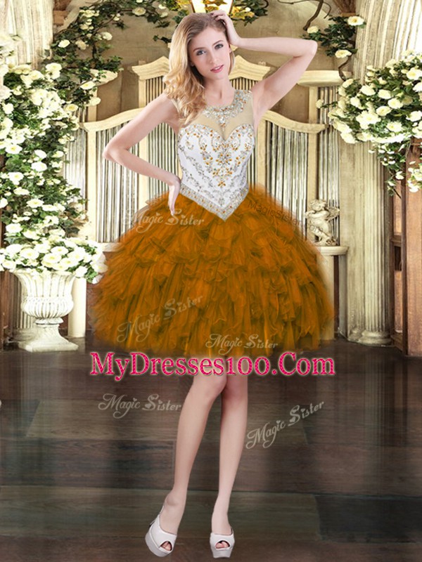 Best Selling Mini Length Brown Cocktail Dresses Organza Sleeveless Beading and Ruffles