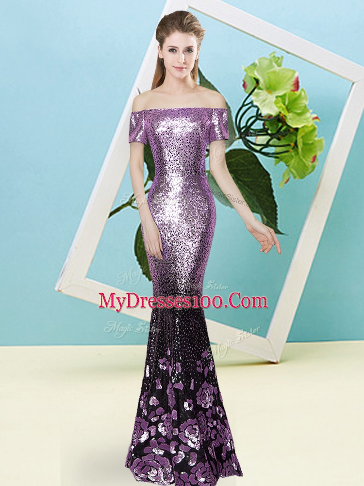 Beautiful Lilac Off The Shoulder Zipper Sequins Prom Gown Short Sleeves