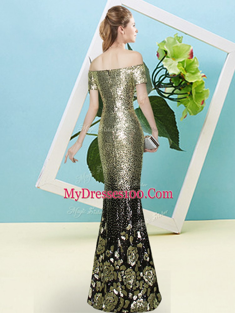 Beautiful Lilac Off The Shoulder Zipper Sequins Prom Gown Short Sleeves
