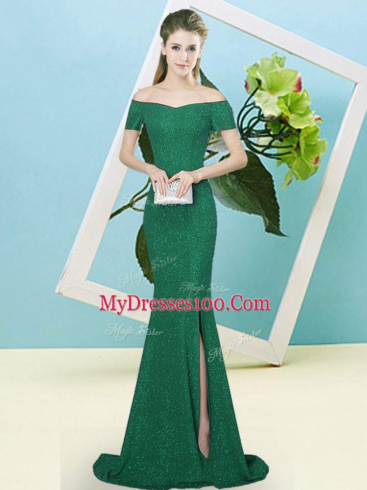 Dark Green Off The Shoulder Zipper Sequins Prom Gown Sweep Train Short Sleeves