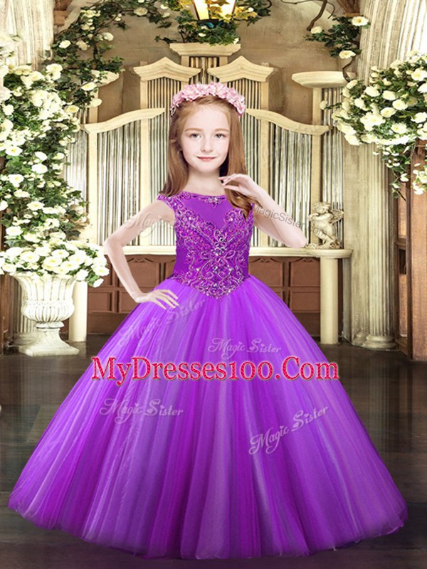 Tulle Sleeveless Floor Length Kids Formal Wear and Beading