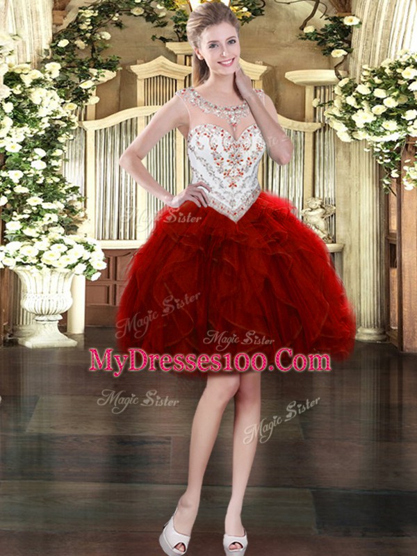 Gorgeous Wine Red Ball Gowns Scoop Sleeveless Organza Mini Length Zipper Beading and Ruffles Cocktail Dresses