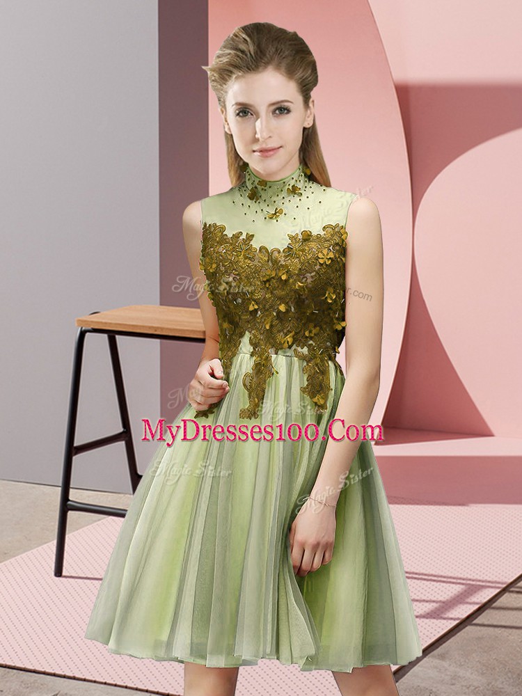 Yellow Green High-neck Neckline Appliques Wedding Guest Dresses Sleeveless Lace Up